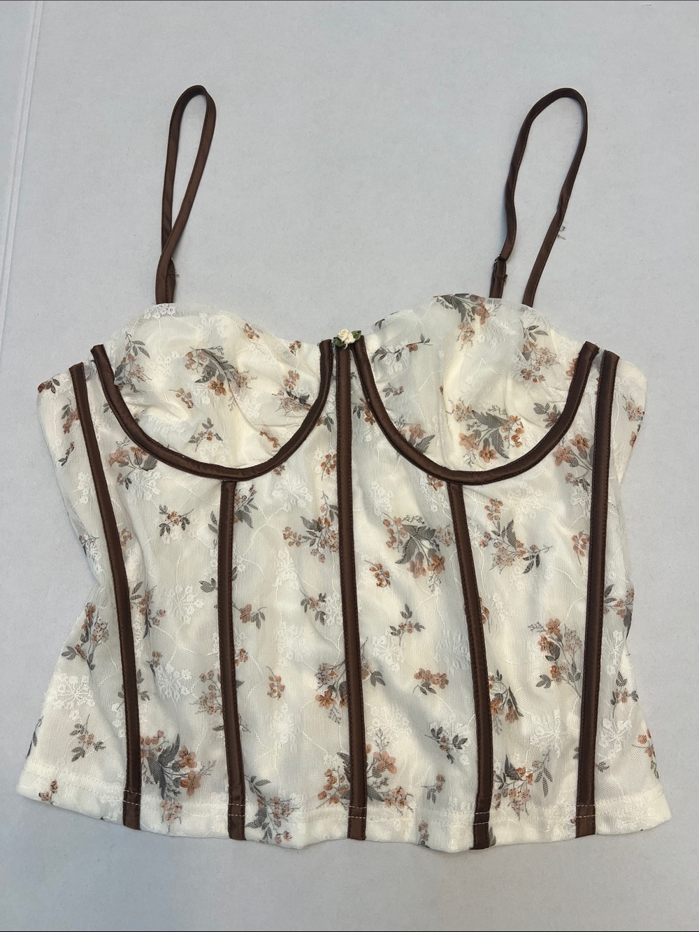 PRETTY GARBAGE CREAM BROWN FLORAL BUSTIER CORSET TOP SIZE XL